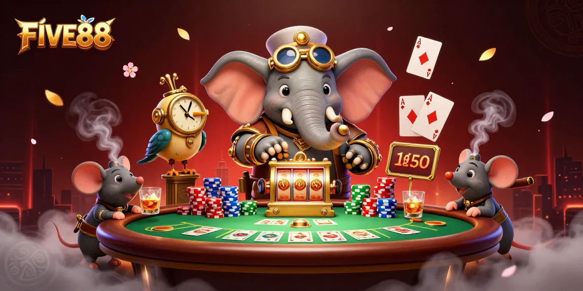 FIVE88 slots come alive as a steampunk elephant engages players with vibrant gaming elements.