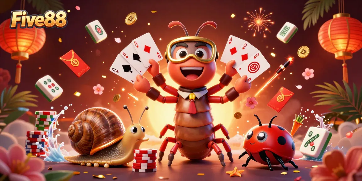 Experience the excitement of Five88 with cartoon dealer and high-roller, amidst dynamic casino elements.