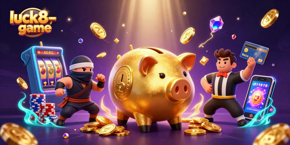 Engage in exciting gameplay with the luck8-game featuring a golden piggy bank sumo wrestler and vibrant casino elements.