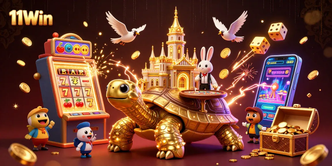 Engage with 11Win through a vibrant 3D illustration showcasing a magical casino world of fun and fortune.