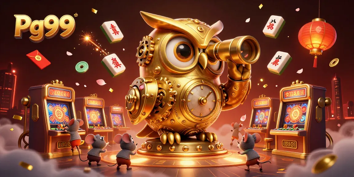 Engage with Pg99's vibrant casino atmosphere illustrated with an intricate golden owl and playful mice.
