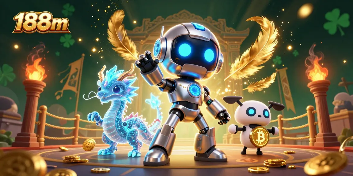 Experience the thrill of 188m gaming with a vibrant casino scene featuring a futuristic robot, dragon, and bitcoin.