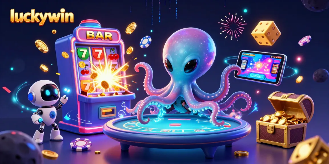 Experience the thrill of luckywin with an alien octopus at a holographic poker table surrounded by exciting game elements.