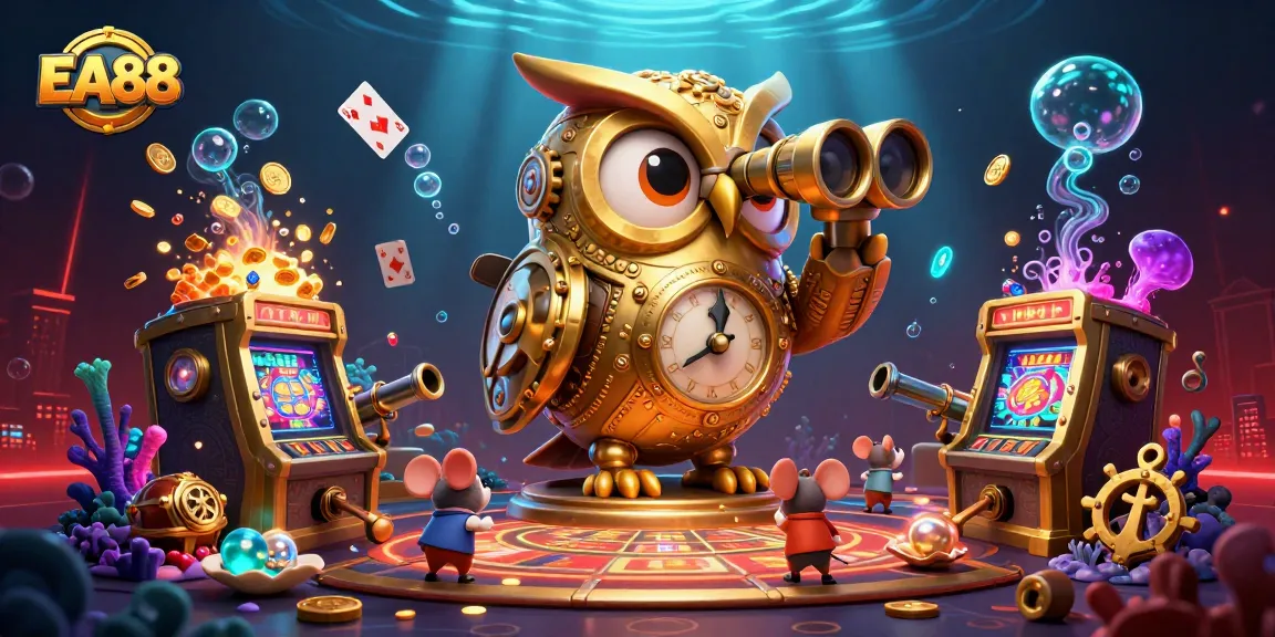 Experience the dynamic action of EA88 with a whimsical clockwork owl overseeing vibrant casino games.