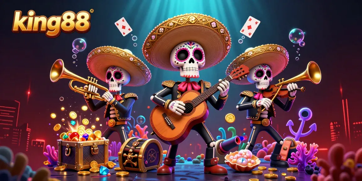 Play exciting games at king88, featuring a vibrant mariachi band amid underwater treasures and casino elements.