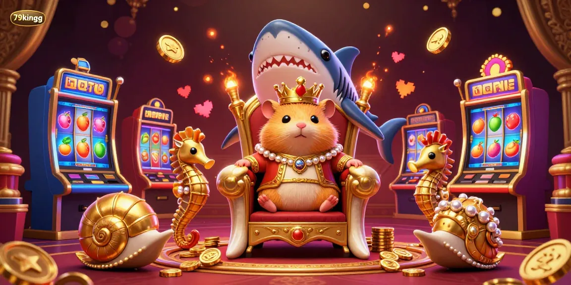 Experience the excitement of 79kingg with the golden hamster king amidst colorful slot machines.