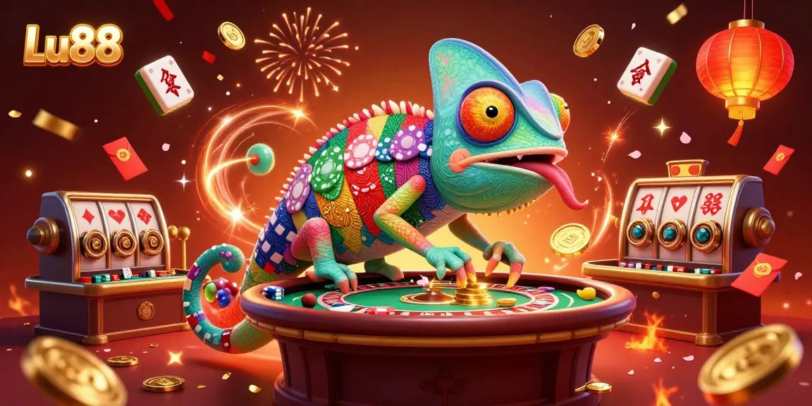 Experience thrilling gameplay with Lu88's vibrant chameleon casino owner amidst floating game elements.