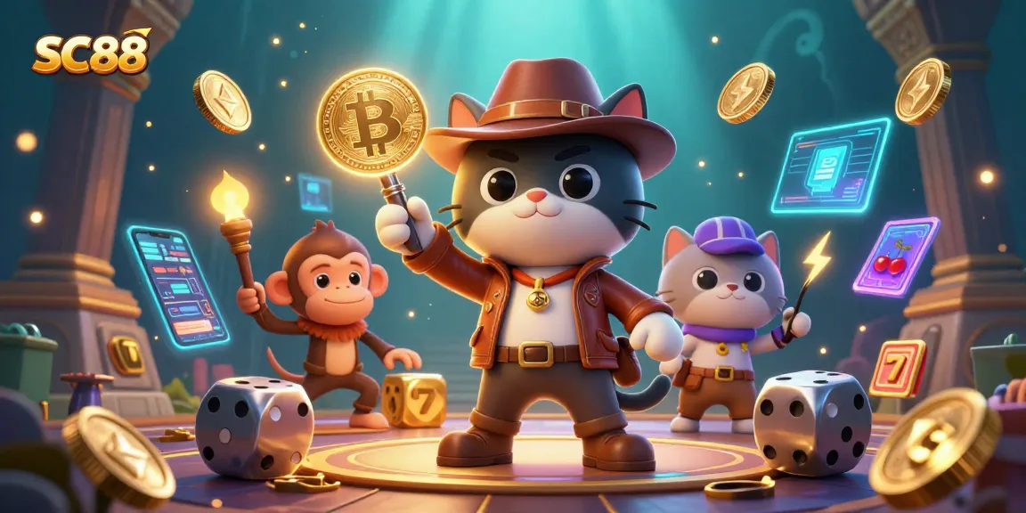 Engage with SC88 as the adventurous cat and monkey explore a vibrant casino artifact.