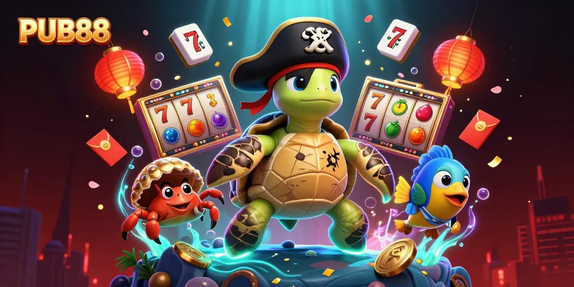 PUB88 engages players with vibrant slot reels and animated treasures in a lively 3D illustration.