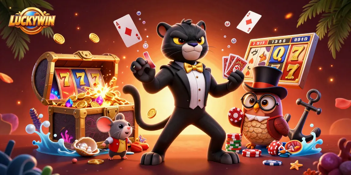 Luckywin showcases a stylish panther dealing cards with an owl and mouse amid vibrant casino elements.