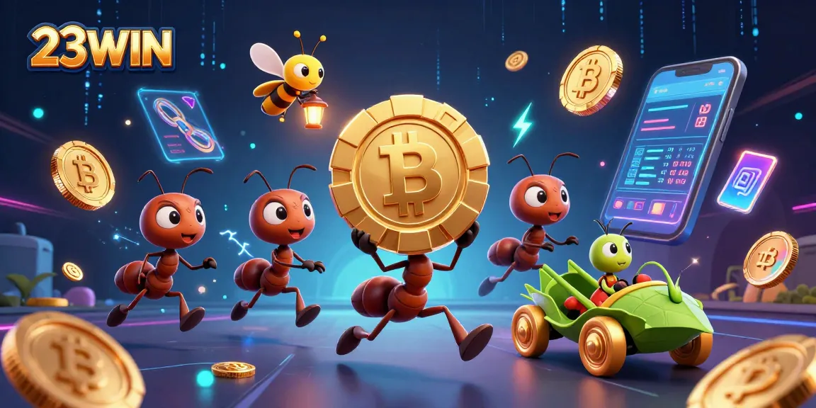 Experience the excitement of 23WIN with animated ants executing a heist for a giant poker chip.