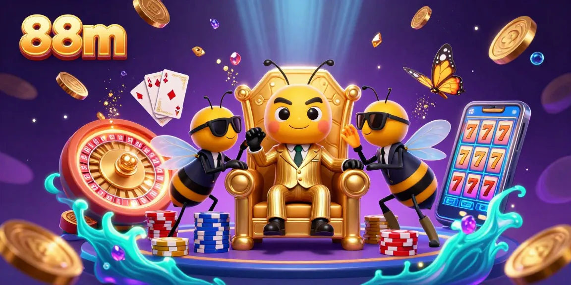 Experience 88m's thrilling casino atmosphere with colorful poker chips, buzzing action, and dynamic slot machine reels.