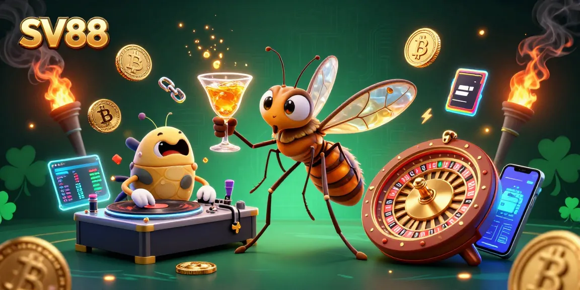 SV88 presents a vibrant casino scene featuring a frozen-in-amber mosquito mascot amongst glowing cryptocurrencies.