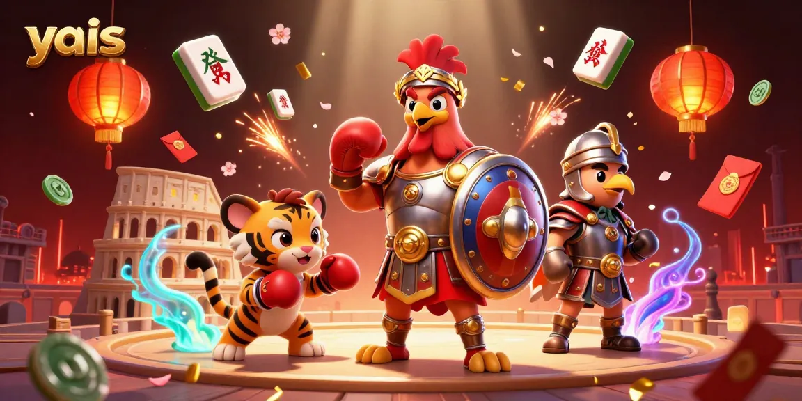 Experience vibrant gameplay at yais casino with a dynamic rooster and tiger cub sparring in a lively arena.