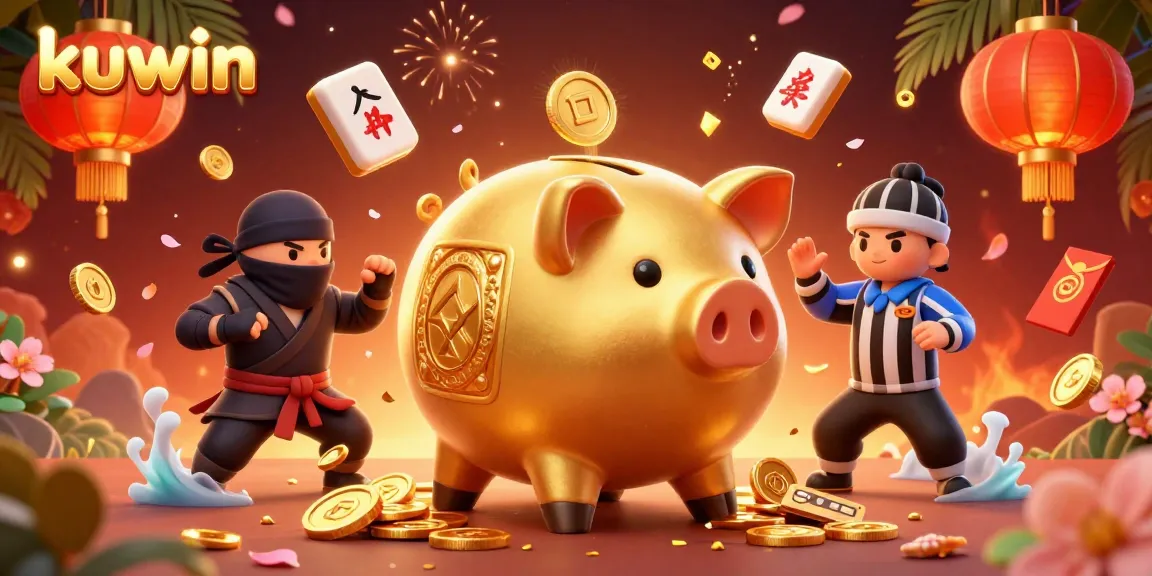 Kuwin offers an exciting gaming experience highlighted by a golden piggy bank sumo wrestler amidst dynamic gambling elements.