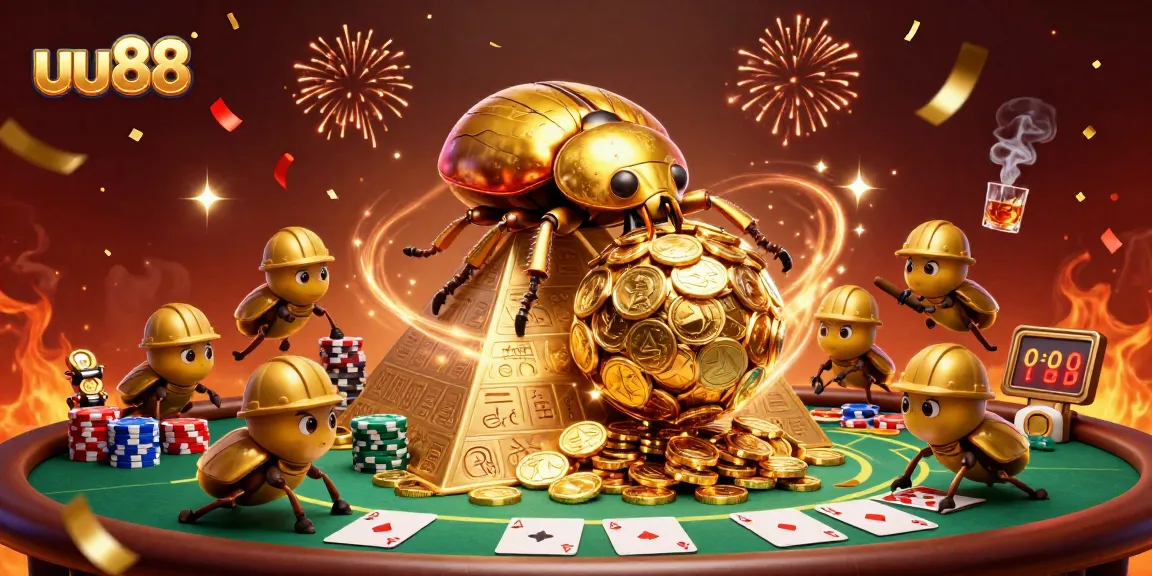 Experience thrilling entertainment with uu88 while a golden dung beetle rolls treasure at a vibrant casino.