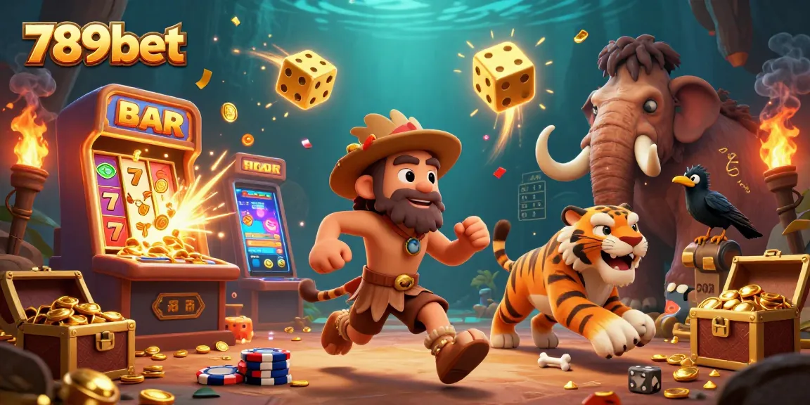 Experience excitement with 789bet's thrilling jackpot illustration of a cartoon caveman and sabertooth tiger at a prehistoric casino.