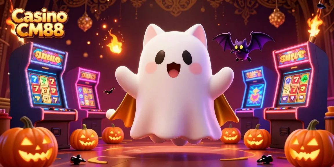 Experience the thrill of Casino CM88 with a friendly ghost cat and vampire bat amidst vibrant casino games and spooky jack-o-lanterns.