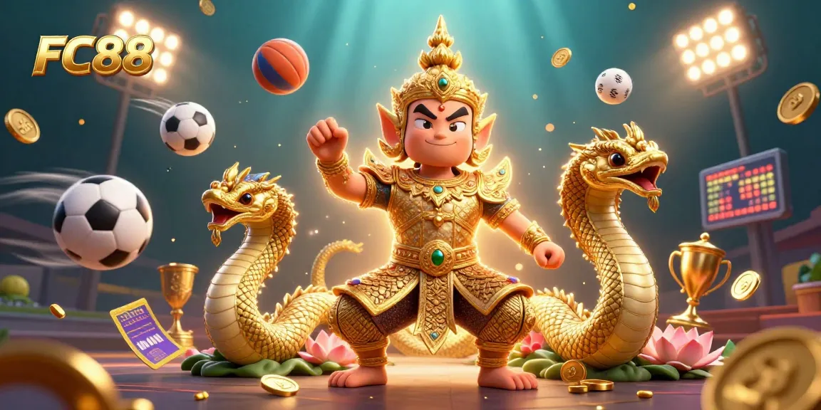FC88 casino illustration featuring vibrant sports elements with engaging characters and dynamic action