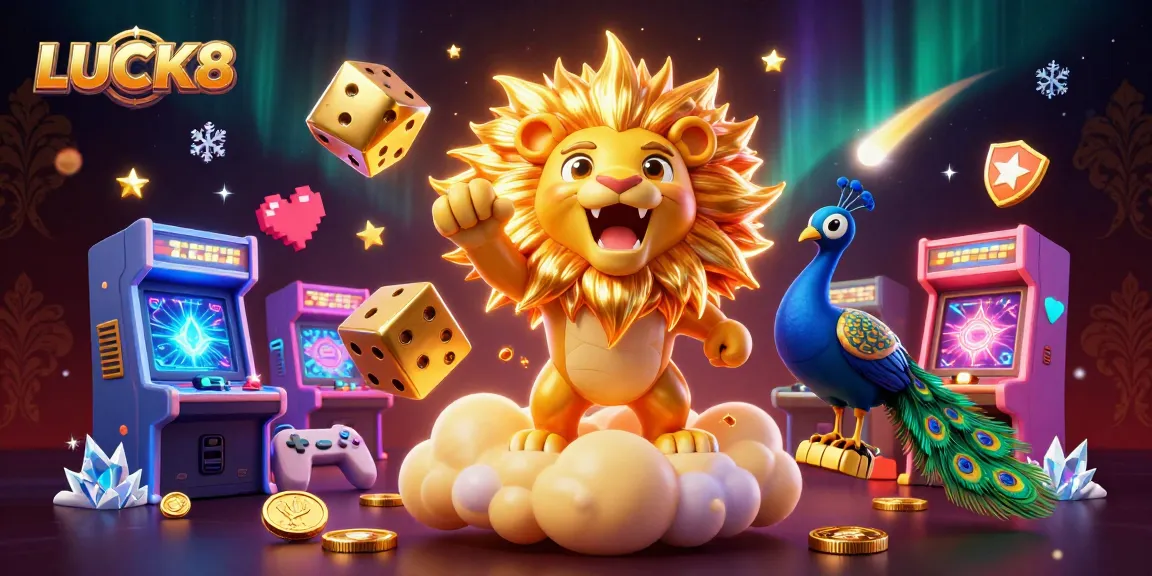 LUCK8 casino experience featuring roaring sun lion, golden dice, and vibrant game machines in a dynamic 3D scene.