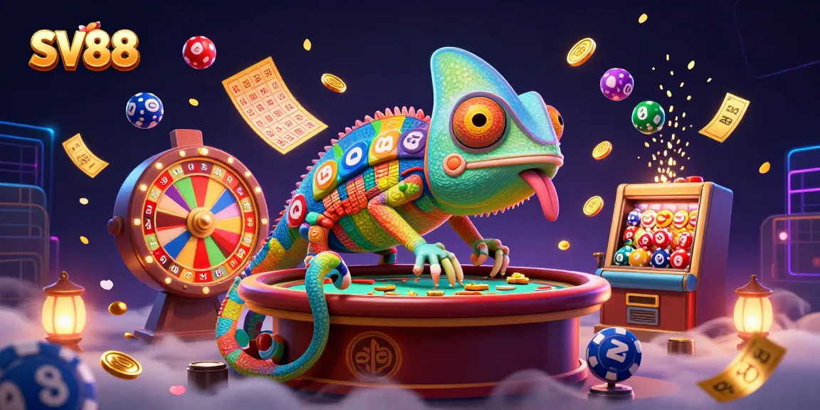 Experience the vibrant world of SV88 with an engaging 3D chameleon casino owner and dynamic gaming elements.