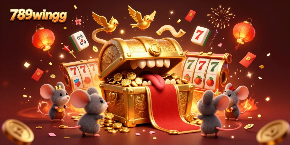 Experience the thrill of 789wingg with a vibrant 3D illustration showcasing treasure chests, slot reels, and celebratory elements.
