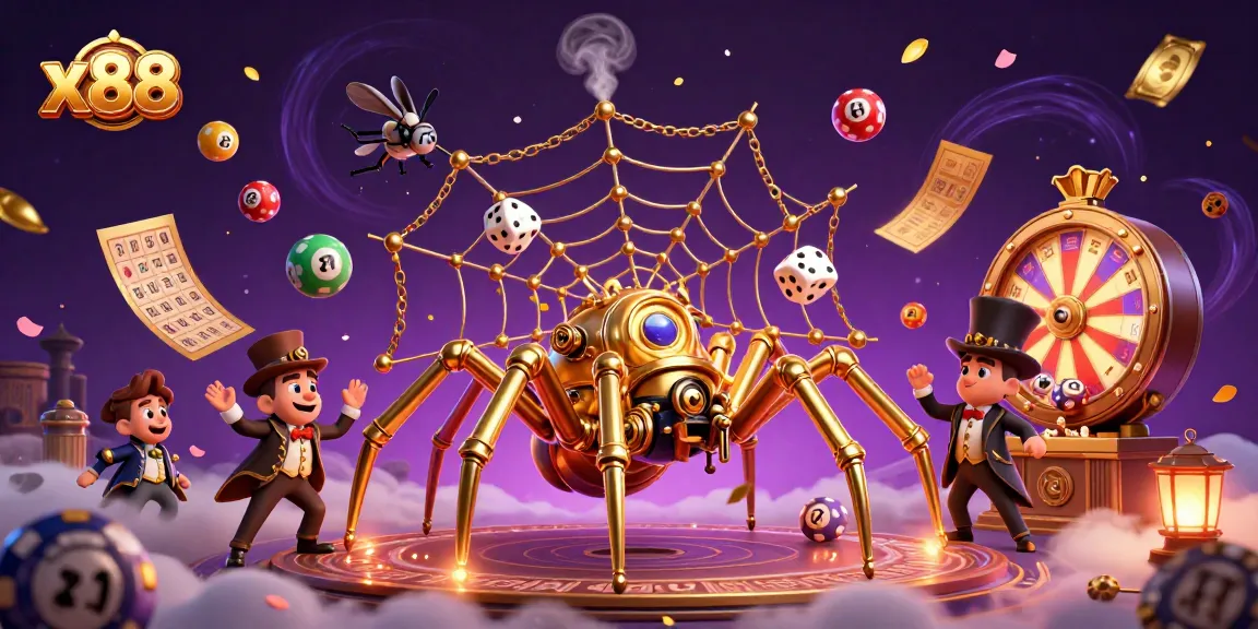 x88 captivates players with a steampunk spider spinning a web of fortune in a vibrant casino scene.