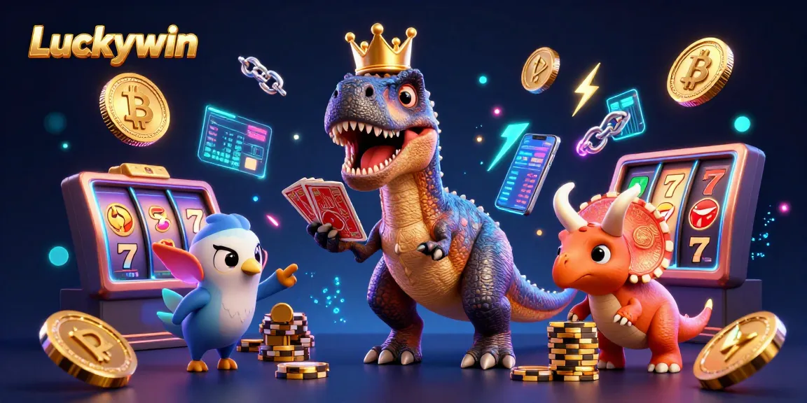 Experience thrilling action with Luckywin as a T-Rex shuffles cards beside a pterodactyl and a triceratops stacks chips in a vibrant crypto casino scene.