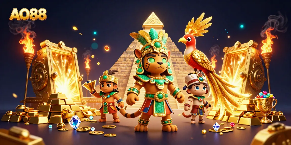 Engage with the vibrant world of AO88, featuring a Mayan priest amidst treasures in this casino-themed illustration.
