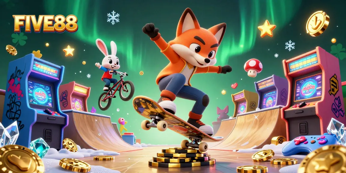 Engage with FIVE88's playful casino experience featuring a skateboarder fox and BMX rabbit amidst vibrant gaming elements.
