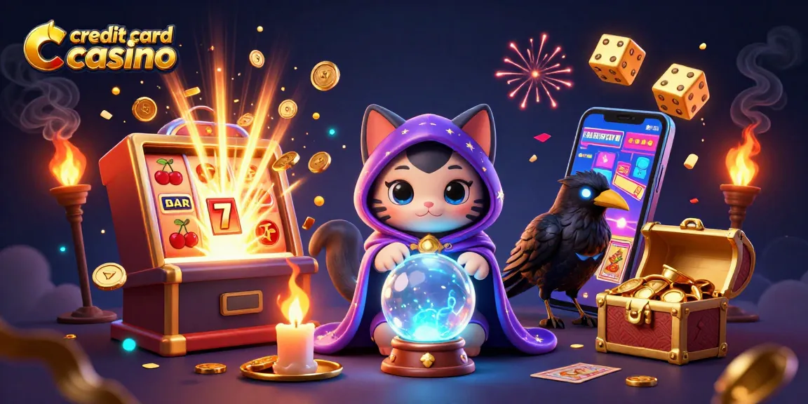 Engaging scene depicting a credit card casino experience with a mystic cat, raven, and exciting gaming elements.