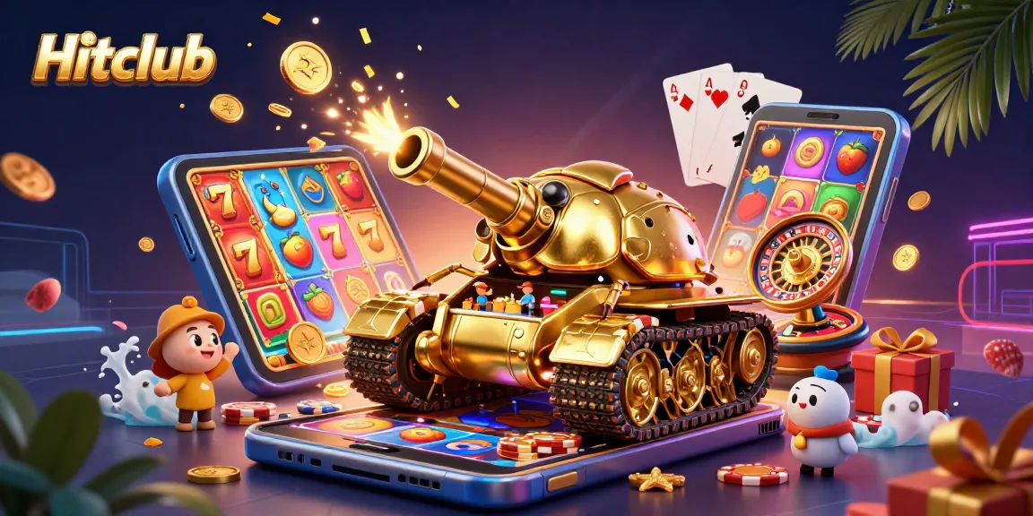 Engage with Hitclub in this festive casino scene with vibrant slot game elements and a unique beetle tank!
