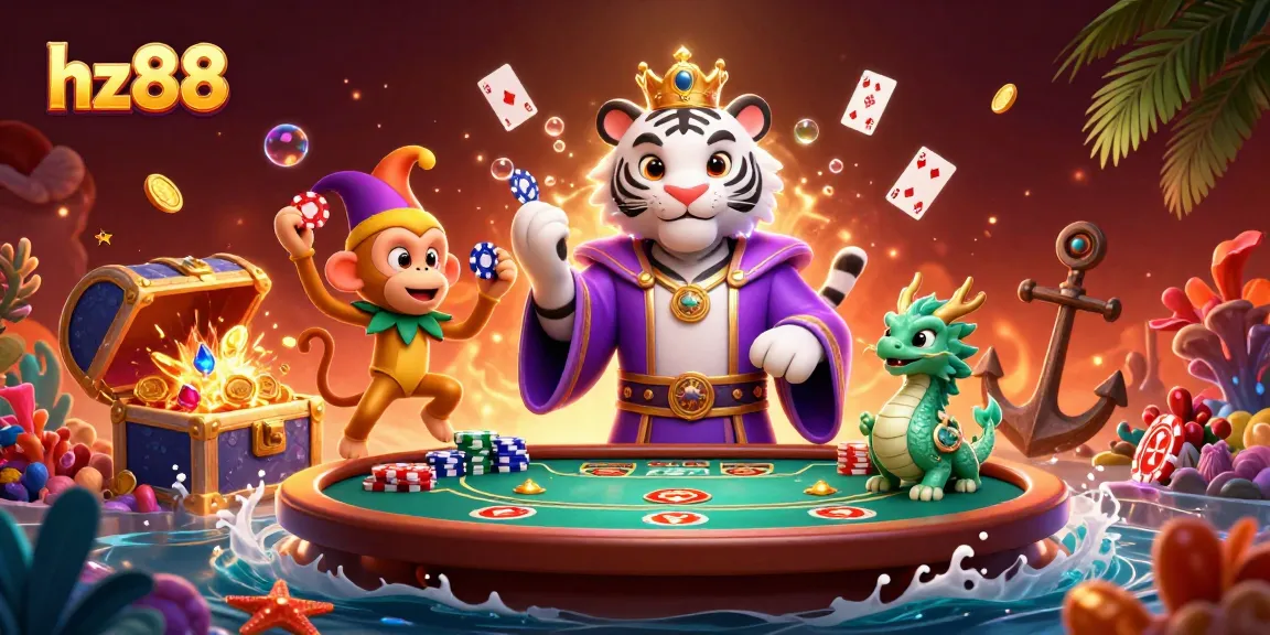 Play exciting games at hz88 with a lively illustration of a cartoon tiger, monkey, and dragon.