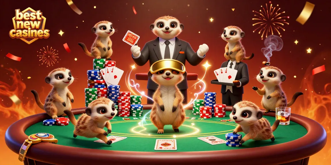 Experience the best new online casinos with meerkats dealing cards and vibrant casino elements.