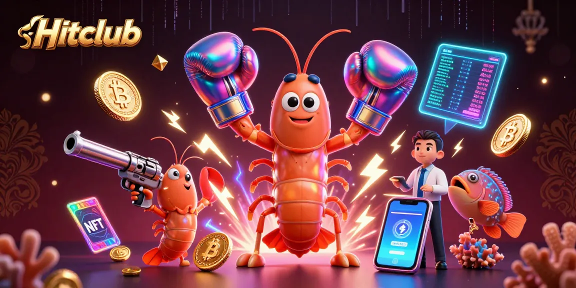Hitclub gamers celebrate winnings with vibrant 3D characters and crypto graphics in a dynamic casino scene