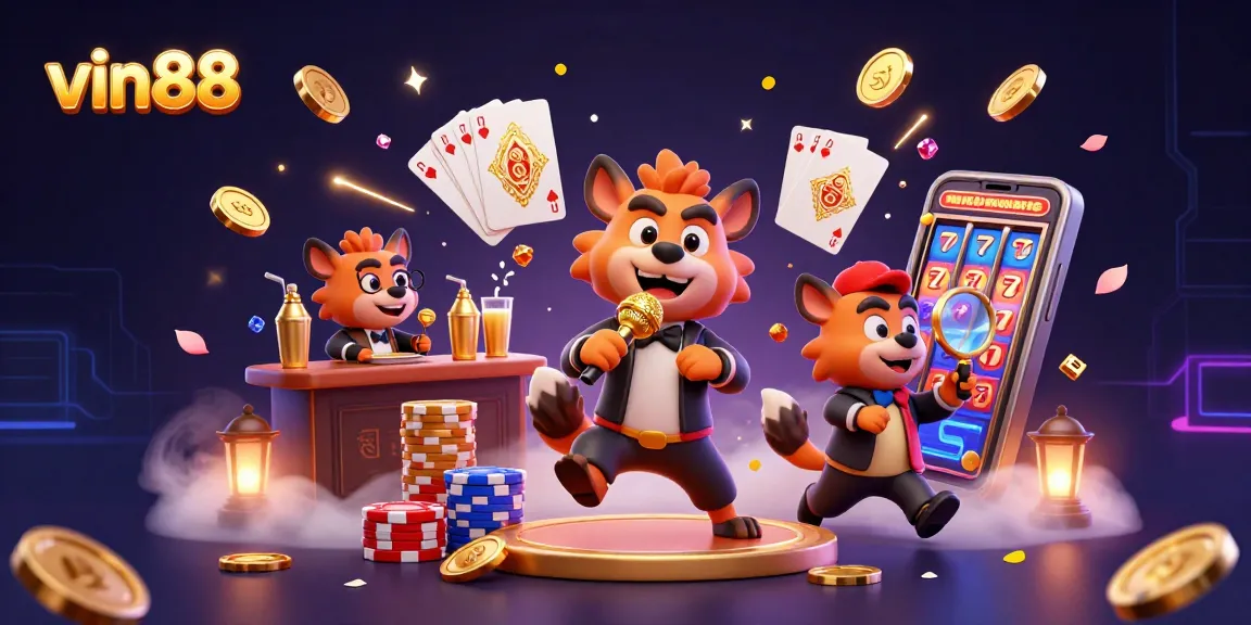 vin88 hyenas entertain at a vibrant casino club with golden coins and shimmering cards.