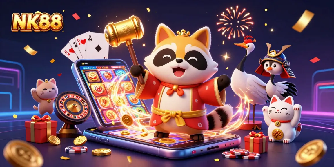Experience the vibrant world of NK88 with cheerful characters and exciting casino elements.