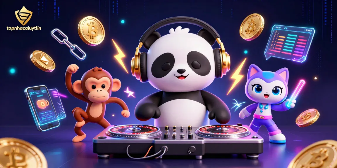 Engage with topnhacaiuytin's vibrant casino scene, featuring a DJ panda and lively characters amidst glowing crypto elements.