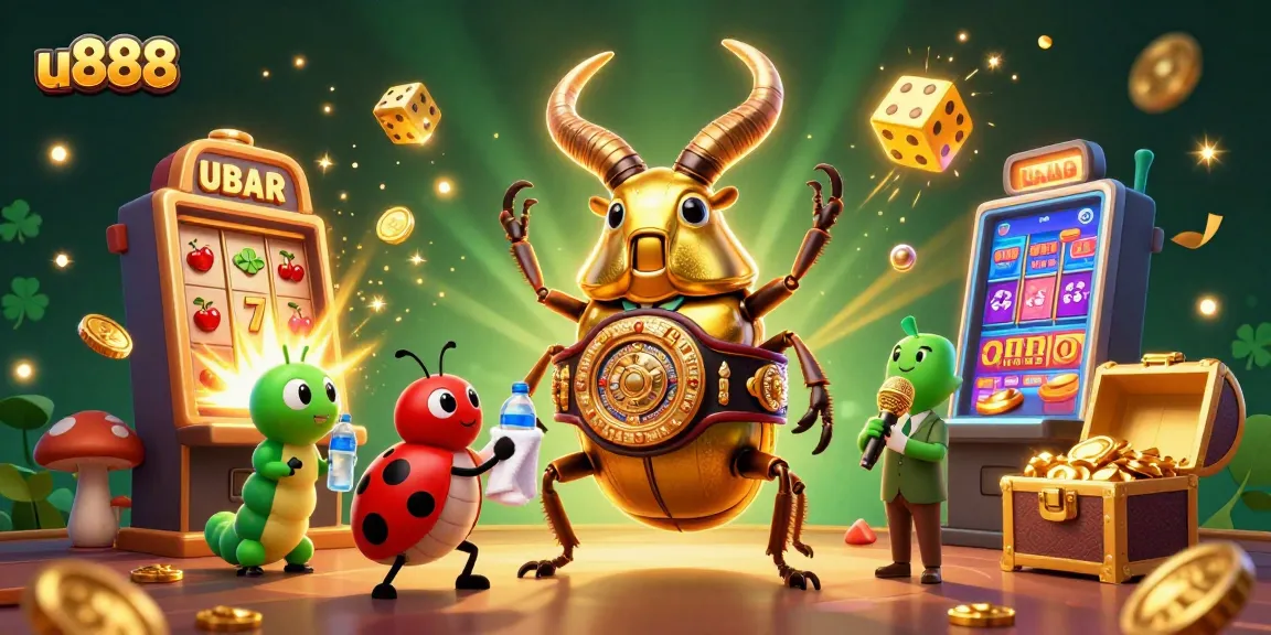 u888 features an animated golden stag beetle champion with slot machine explosions and vibrant casino elements.