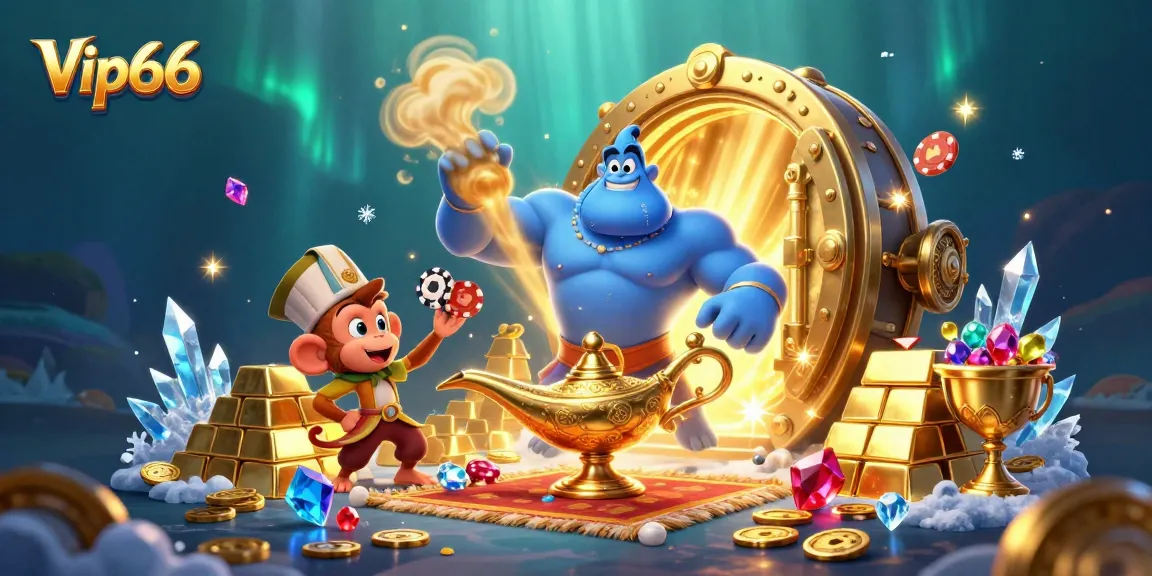 Experience the enchanting world of Vip66 with this vivid 3D casino illustration filled with treasures and excitement.