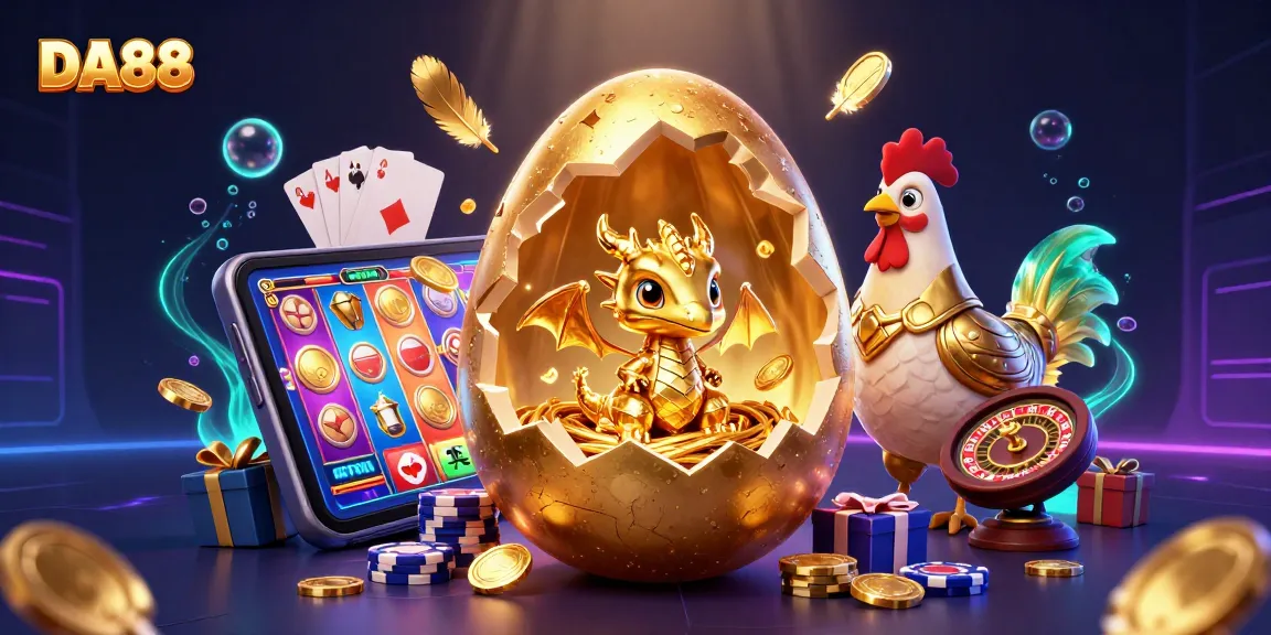 Engage with DA88's vibrant 3D casino world featuring golden dragons and lively slot games.