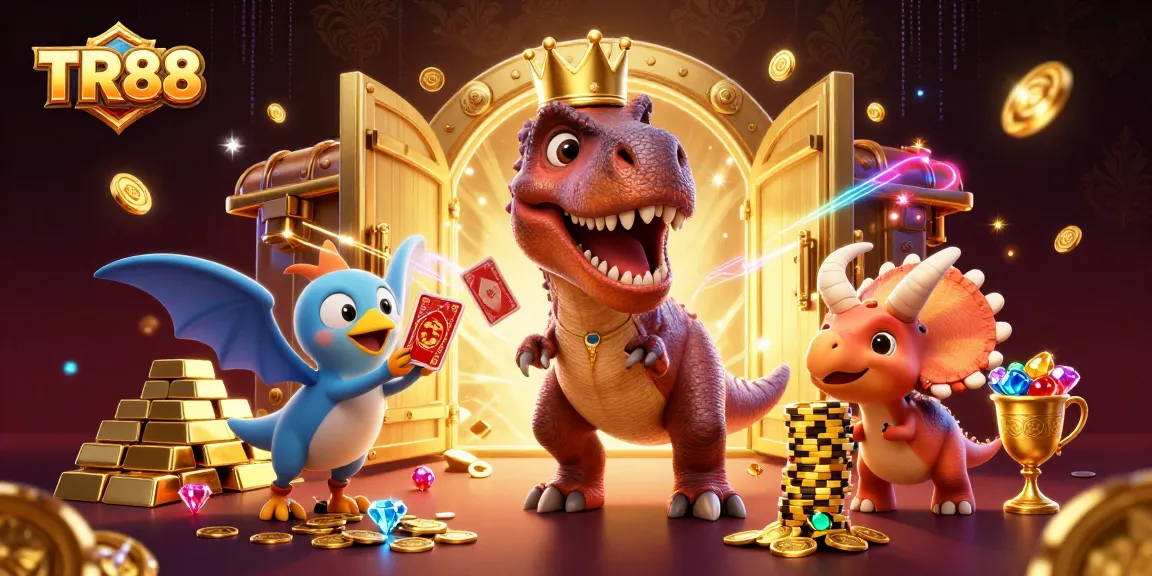 TR88 showcases a vibrant casino scene with a T-Rex playing cards, embodying excitement and fun in gaming.