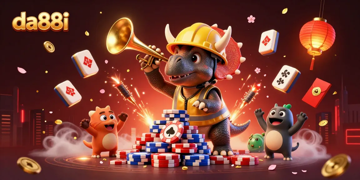da88i illustration showcasing a triceratops building poker chips, celebrating gambling culture