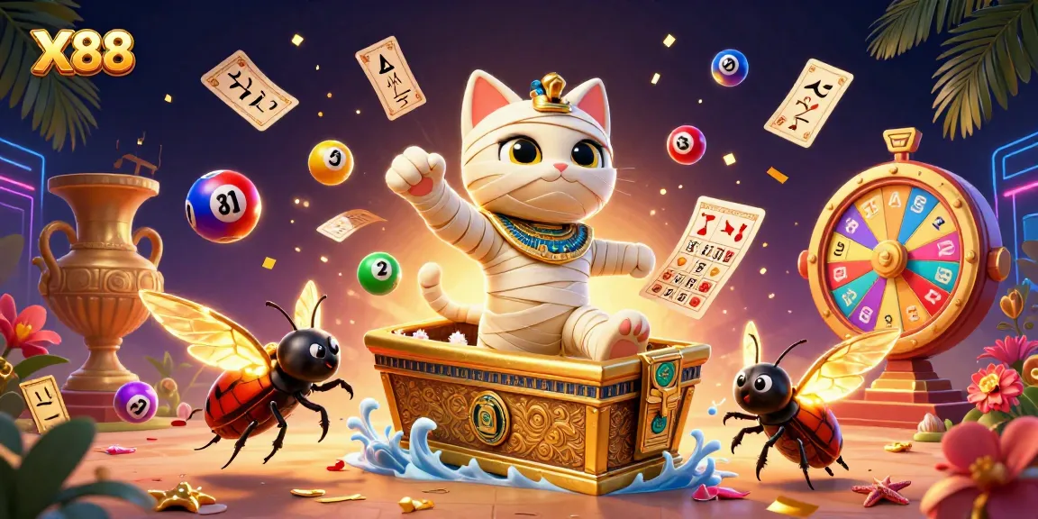 X88: Engage in thrilling gaming with the animated Egyptian mummy cat and scarab beetle in a vibrant casino.