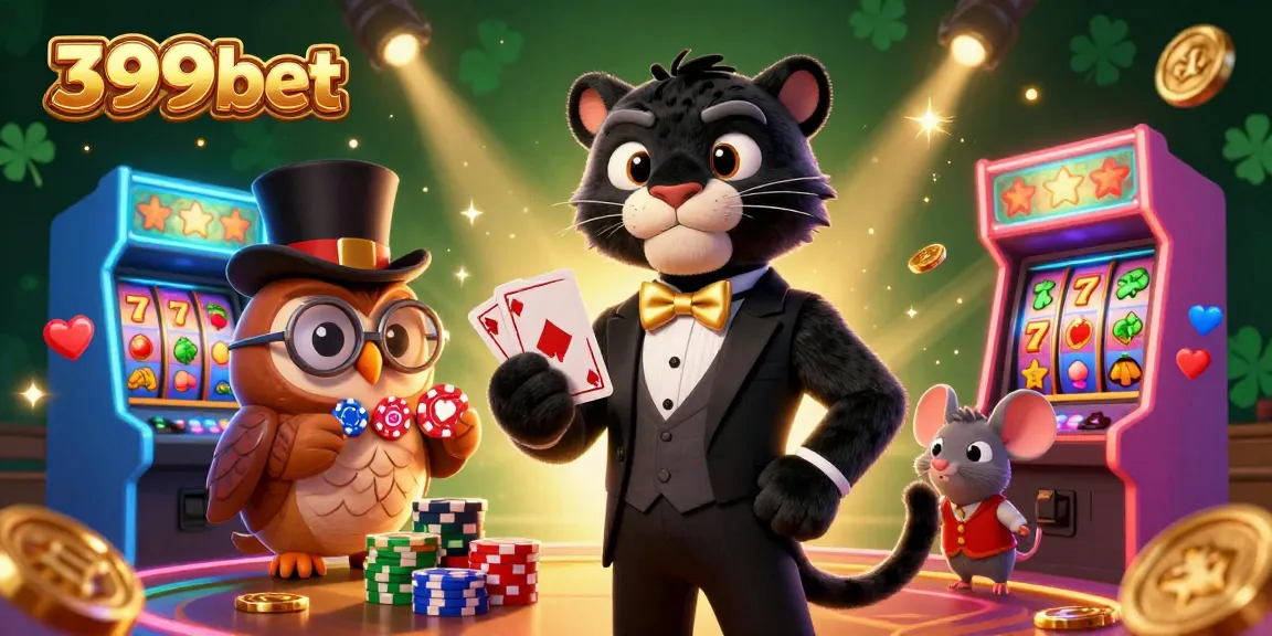 Join the excitement at 399bet with a dynamic 3D scene, featuring charming characters and colorful casino elements.