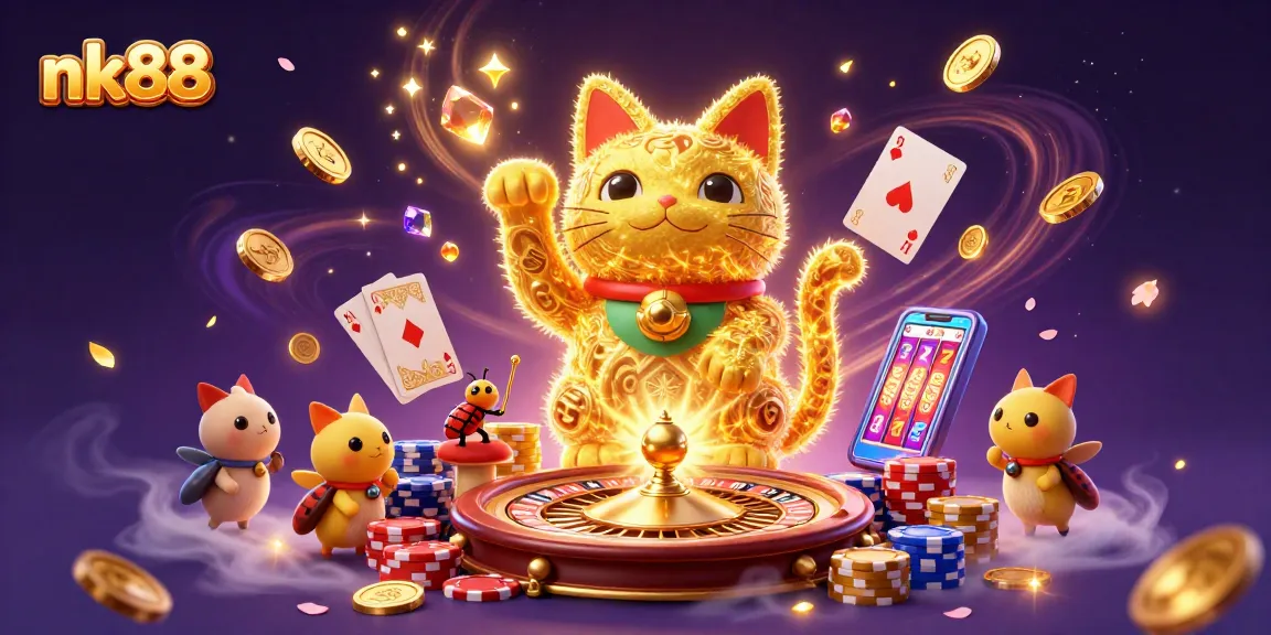 Experience the excitement of nk88 with a giant lucky cat and casino symbols, vibrant gaming elements, and enchanting visuals.
