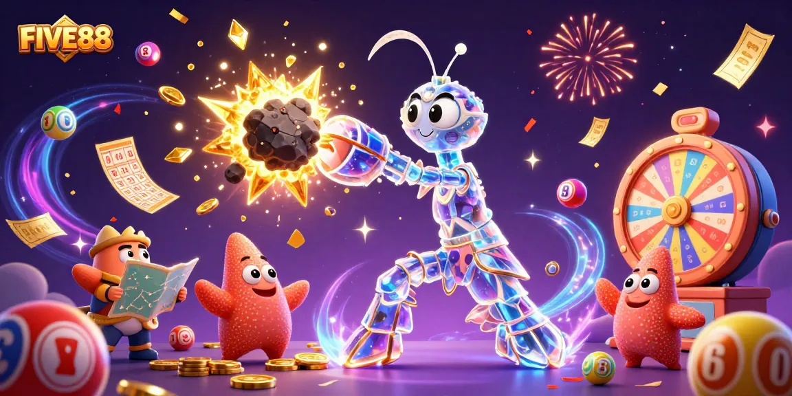 Engage in the excitement of FIVE88 as the galactic samurai mantis shrimp battles through golden gems in a dynamic casino atmosphere.