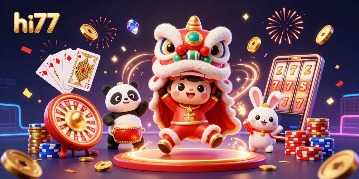 Experience the excitement of hi77 with lively characters celebrating amidst casino elements.