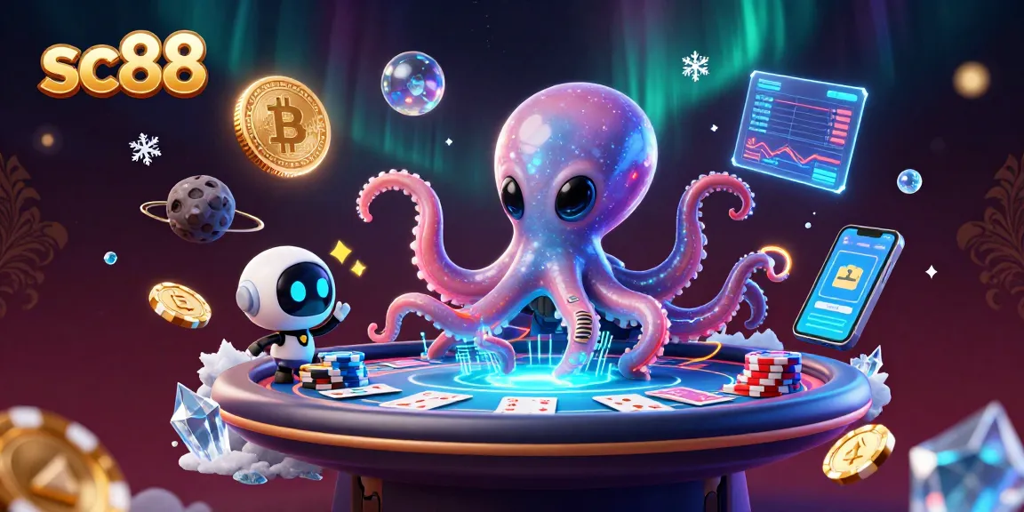 Play poker with the sc88 alien octopus and a robot, showcasing exciting casino elements.