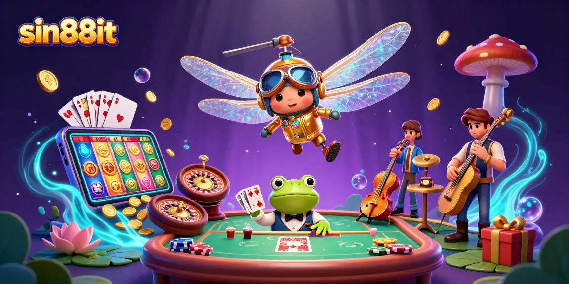 Engage in thrilling gameplay at sin88it with vibrant casino illustration of a dragonfly pilot and frog croupier.